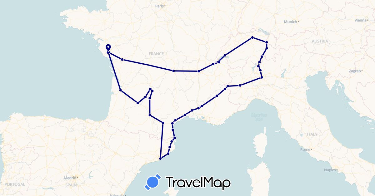 TravelMap itinerary: driving in Switzerland, Spain, France, Italy, Liechtenstein (Europe)